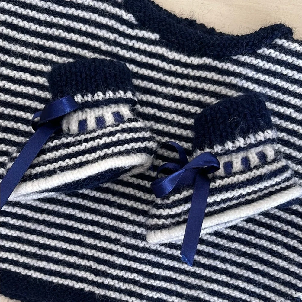 Hand Knit Striped Navy and White Baby Sweater with Booties